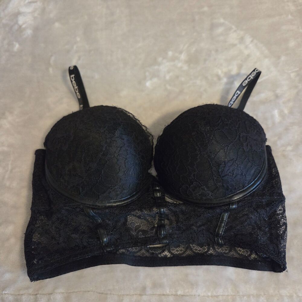 Bebe Black Lace Long Line Padded Bra Corsette Sexy Top Women's Size 38C